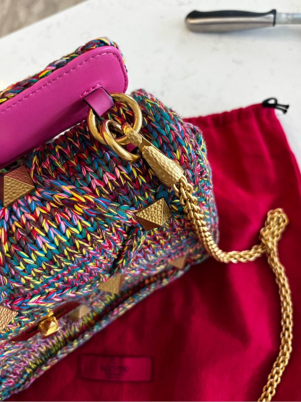 Valentino Multicolor Knit Shoulder Bag with Pink Top Handle and Gold Hardware - Picture 4 of 9